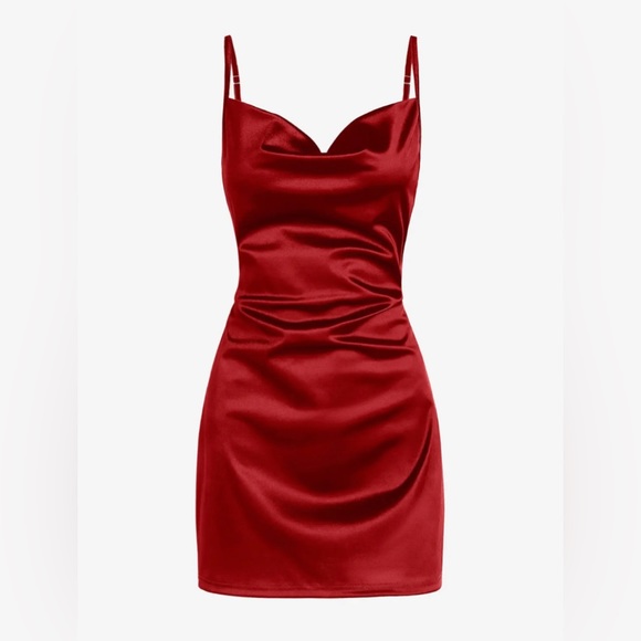 Zaful Womens Satin Spaghetti Strap Mini Dress Red Cowl Neck Homecomin Dress - Picture 2 of 4